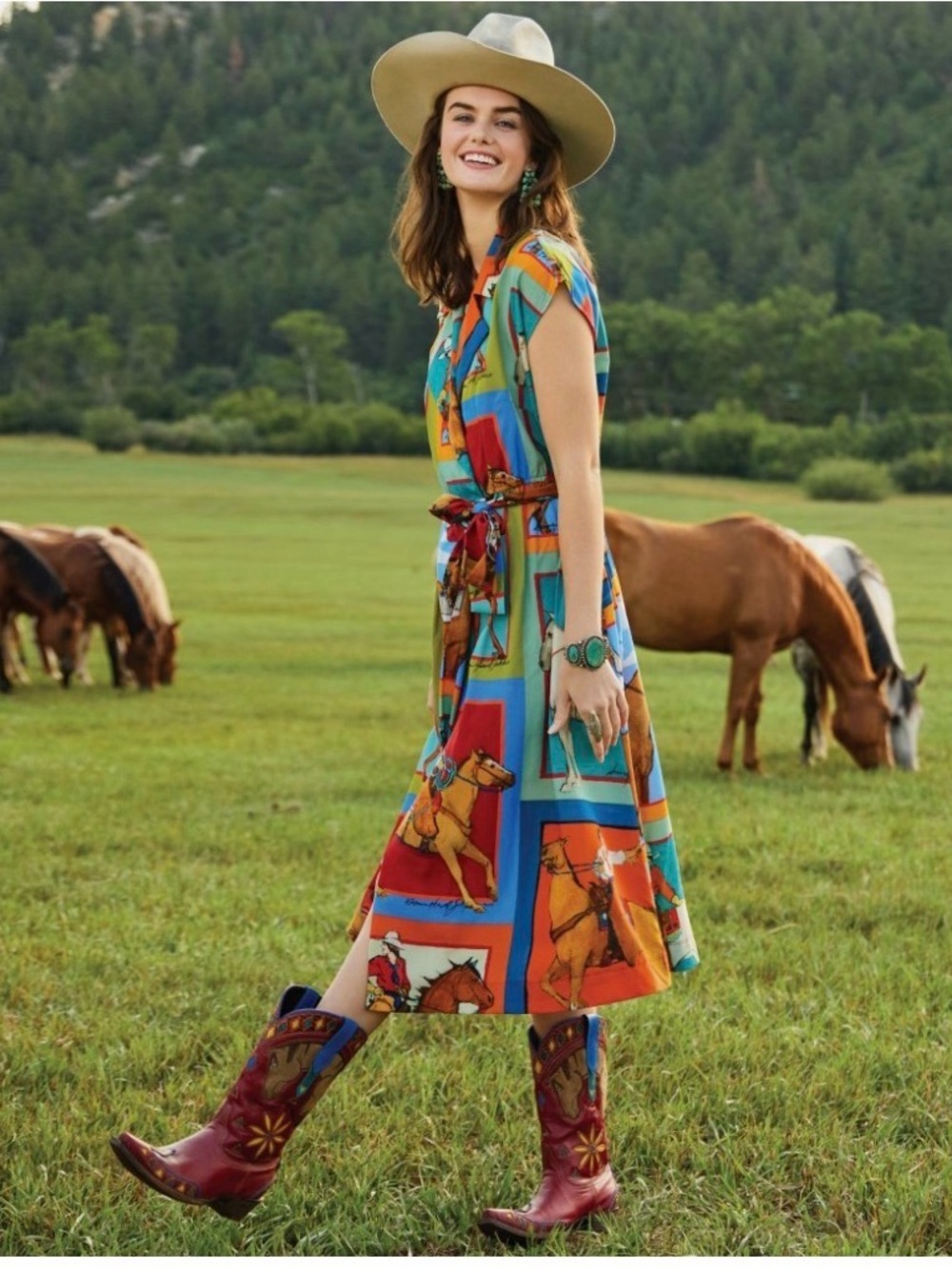 Double D Ranch Equestrian Print Midi Dress in Turquoise, Orange & Red